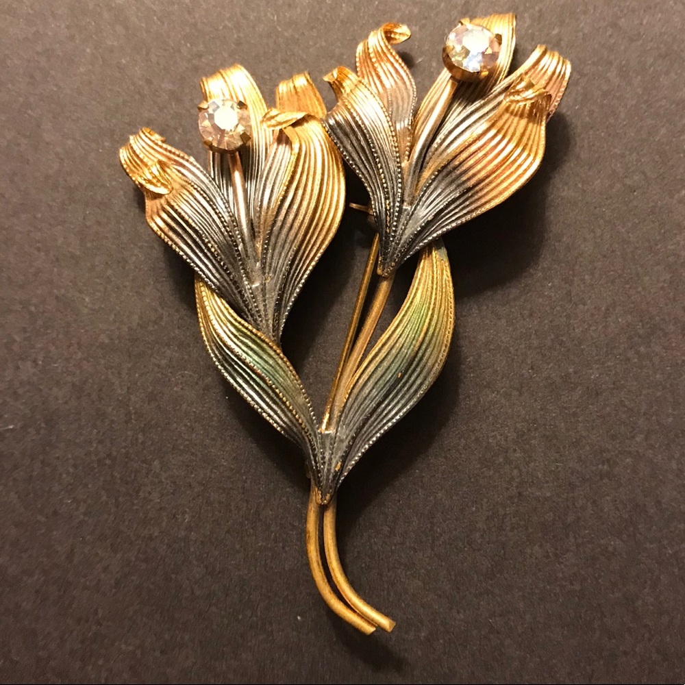 VTG 1940's Made In Austria Floral Brooch Crystal